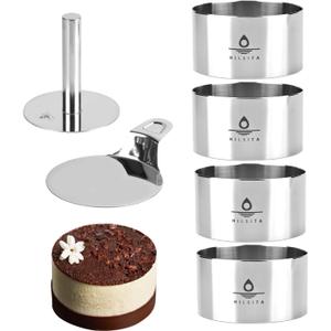6 Pcs Cake Ring Molds, Seamless Stainless Steel Cake Cutter For Baking, 4 inch Cooking Rings with Pusher & Lifter, Dessert Mousse Molds Baking Tools, Includes 1 Pusher, 1 Lifter and 4 Rings