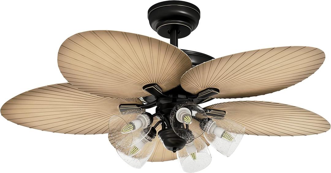 YITAHOME Ceiling Fans with Light and Remote, 52 Inch Tropical Palm Leaf Fanlight with Clear Seeded Glass Light Kit, 3 Speed, 4 Timer, Silent Reversible Motor - Sandstone and Black