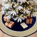 Blue Christmas Tree Skirt 60 inches, Large Velvet Tree Skirt for 7.5 ft & 9 ft Tree, Vintage Luxury Xmas Tree Skirts with Gold Glitter Trim Rustic Christmas Tree Holiday Party Decorations