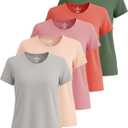Real Essentials 5 Pack: Women's Short Sleeve T-Shirts Workout Tops Fitness Pilates Gym Activewear Athletic (L)