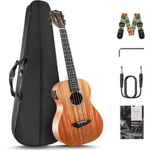 Caramel CB402 Baritone Electric Ukulele All Solid Mahogany Wood 30'' Professional Wood Ukelele Instrument Kit Small Hawaiian Guitar Beginner ukalalee Starter Pack Bundle Gig bag, Strap, String Set