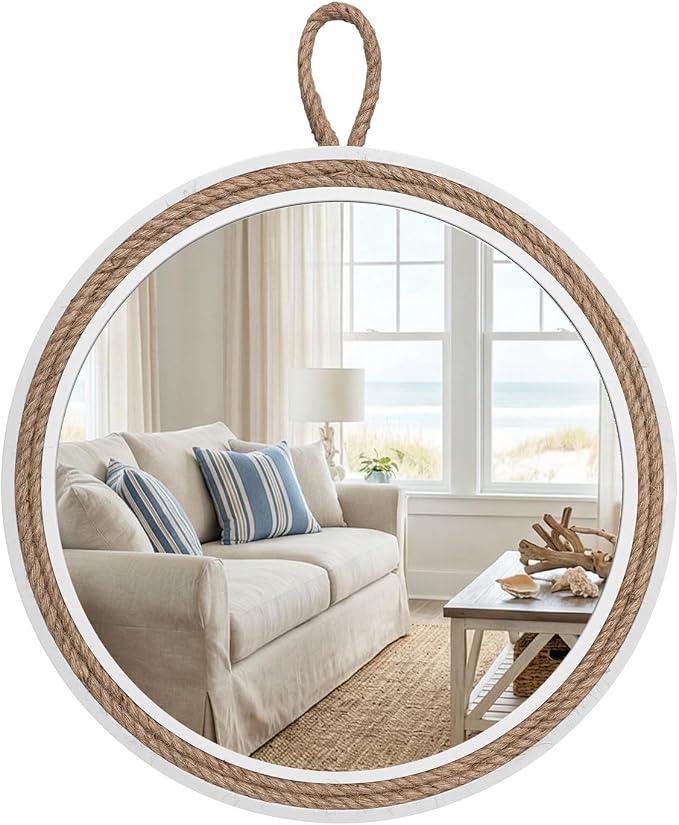 Vercraft Coastal Mirror 24" Wall Decor with Rope Wrapped Trim and Hanging Loop Nautical Round Circle Mirror Nautical Rustic Decorative for the Living Room, Bedroom Bathroom and Entryway