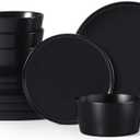 Herogo 12 Pieces Stoneware Dinnerware Set, Service for 4, Dinner Plates and Bowls Sets, Double Reactive Glaze Dishes Set for Kitchen, Scratch Resistant, Dishwasher Safe, Matte Black