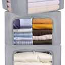 Clothes Storage Box Bins Stackable Foldable Organizer,Sturdy Handles with Metal Frame for Clothing Bedding Shelves,Closet Container with Clear Window Zipper and Label Holder (Gray, 66L x3 Pack)