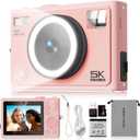 5K Digital Camera  64MP Autofocus Beauty Camera with 360 Ring Light Smart Skin Recognition, 32GB SD Card that Makes Dark Light Shooting Worry-Free, Point and Shoot Camera for Teens Beginners Pink
