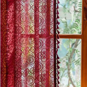 Burgundy Curtains for Living Room 2 Panels Cottage Maroon Tassel Lace Curtain Panels 96 Inches Long Boho Wine Macrame Curtains Xmas Christmas Farmhouse Themed Winter Dcor 8ft 52"W x 96"L Red