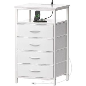 Night Stand with Charging Station, Multiple Drawer Dresser for Bedroom, Bedside Table, Tall Nightstand with PU Leather Finish, Open Shelf, End Table, for Closet, Entryway, Bedroom, White