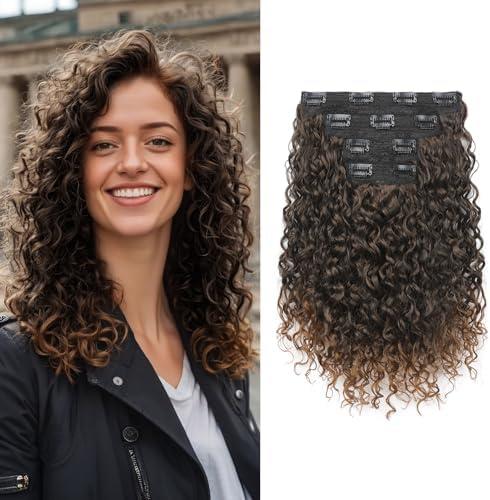 FLUFYMOOZ 4PC Clip in Hair Extensions, 14 Inch 100％ Pure Protein Silk Short Hairpiece Deep Curly Wavy Hair Extensions Clip in Natural Soft Hairpiece for Women-Dark Almond brown with copper