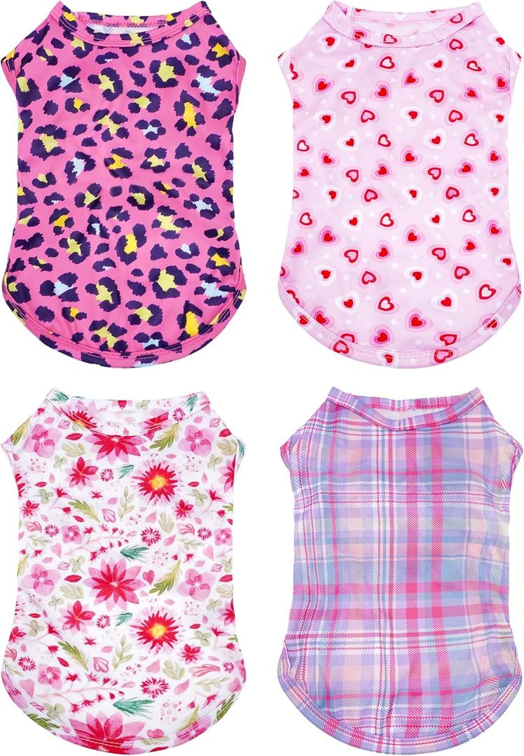 PET SHOW 4 Pack Paw Bone Printed Dog Clothes Shirts Soft Vest Lightweight Sleeveless Cats Doggies T-Shirts Puppies Tank Top Tee for Small Medium Dogs White Black Pink Blue (Small, Pink for Girls)