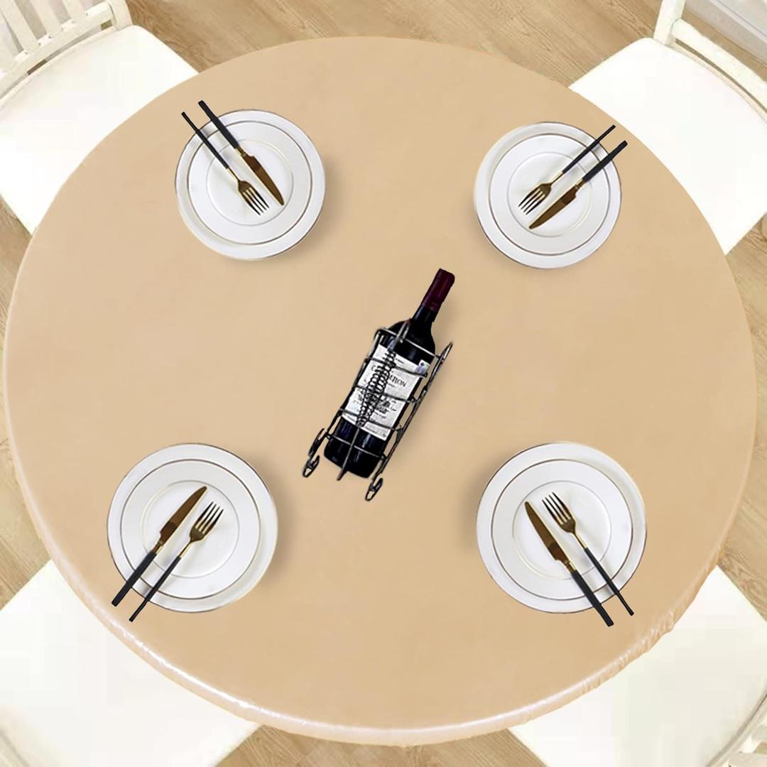 LUSHVIDA Round Waterproof Table Cover Elastic Vinyl Fitted Tablecloth Elastic Edged Plastic Table Cloth (Champagne, Best for Up to 45x56 Inch Round)