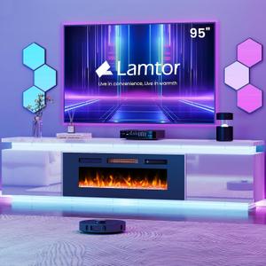 Fireplace TV-Stand with 40" Fireplace - 2 LED Light TV-Stand for 90 95 inch TVs, Entertainment Center with 4 AC Power Outlets, Storage 2 Tier TV Consoles Stand for Living Room, Easy Assembly, White