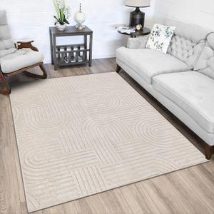 SHACOS Soft Cozy Fluffy Geometric High-Low Arch Rug 4'x5'3" Non Slip Washable Modern Area Rug Stain Resistant Contemporary Carpet for Living Room Bedroom Dining Room, Beige