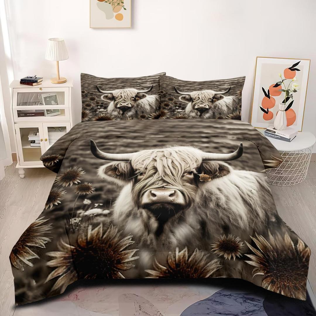 Highland Comforter Set King Size Gray Sunflower Cow Bedding Set Floral Rural Farmhouse Cattle Garden Spring Coquette Comforter 3Piece with 2 Pillowcases for Bedroom Decor
