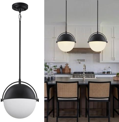 LOZOHOM 11.4inch Black Globe Pendant Lights, Mid Century Pendant Lights Kitchen Island with Milk Globe Glass Shade Adjustable Hanging Rod 1 Light for Dining Room Kitchen