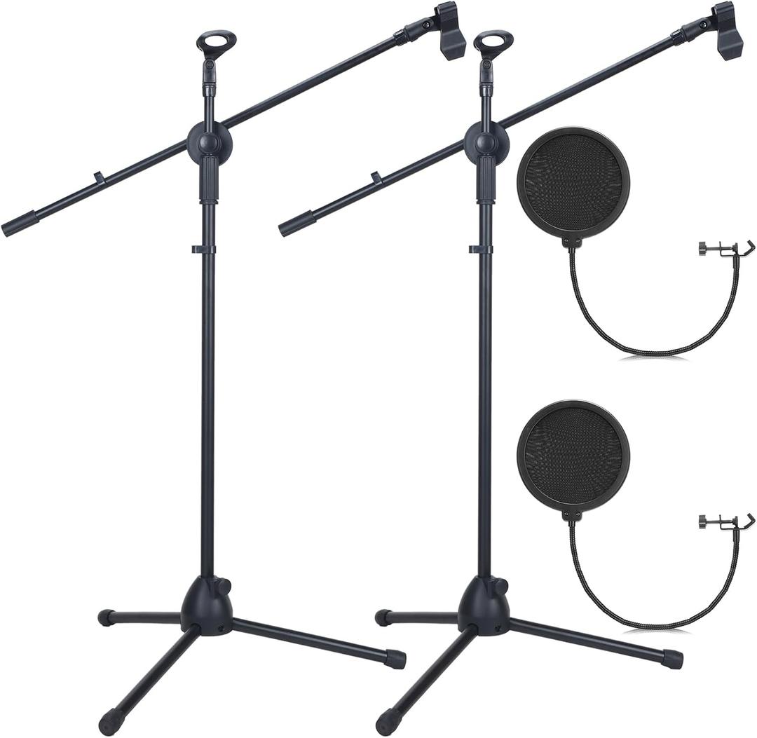 Sherr 2 Pcs Tripod Microphone Stand Adjustable Boom Height Mic Stand with Mic Clip and Windscreen for Live Stream, Singing, Stage Performance, Studio, Max Height 60 Inch