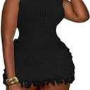 Tcremisa Women's Crochet Fringe Mini Dress Slim Fit Sleeveless Hollow Out Bodycon Short Knit Pullover Dresses Size M