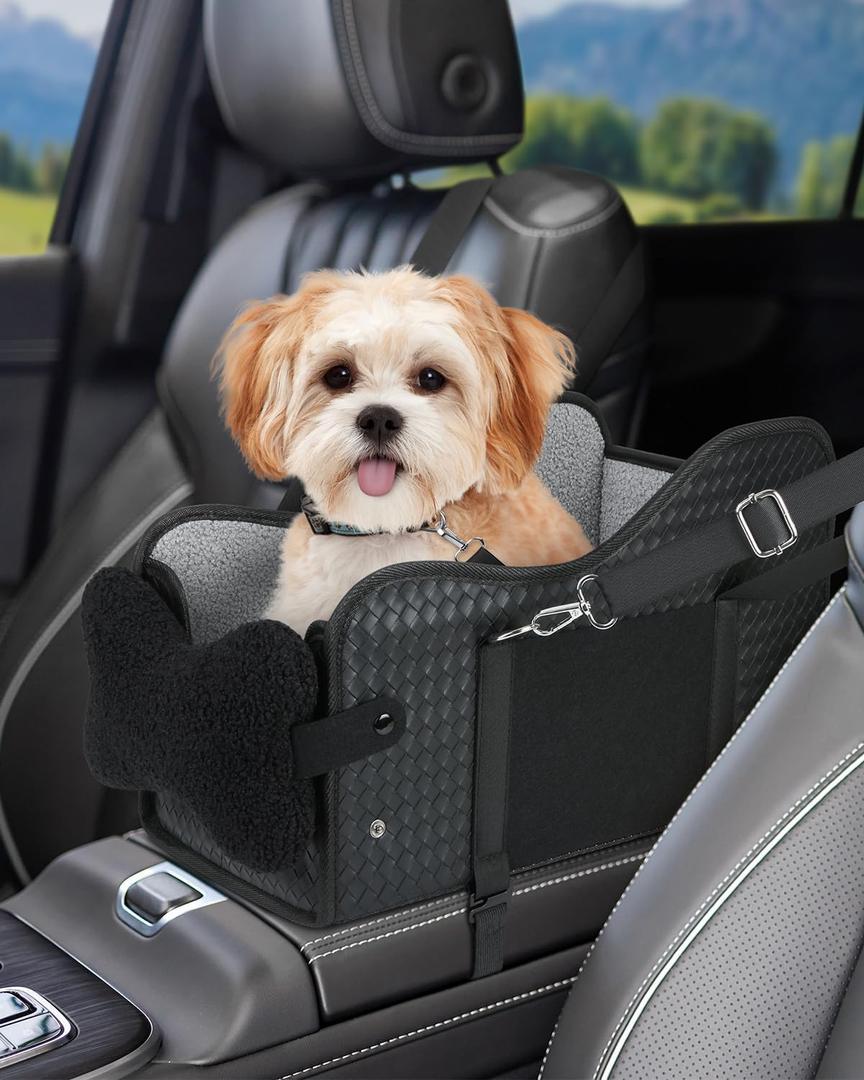 Center Console Dog Car Seat, Pet Car Seat, Armrest Middle Console Booster Travel Carrier for Small Dogs and Cats(Black Leather)