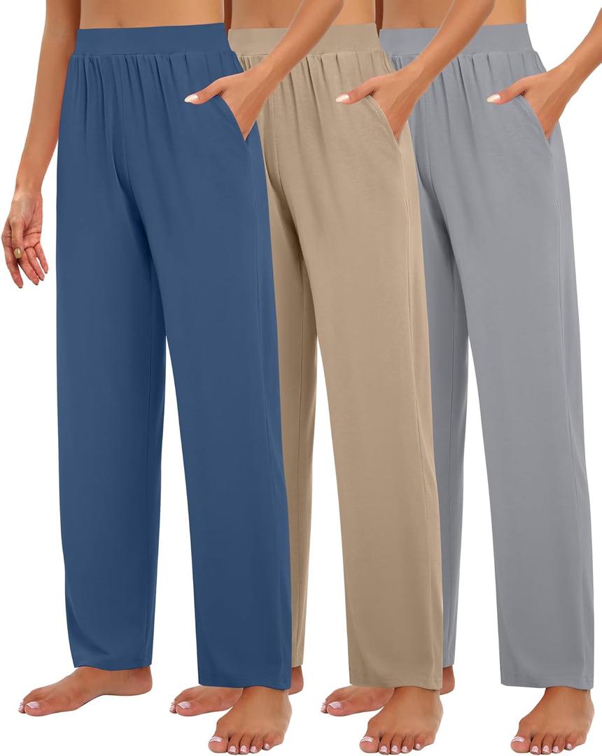 Huukeay 3 Pack Women's Lounge Pants, Cozy Wide Leg Lounge Slacks with Pockets Loose Flowy Yoga Sweatpant Workout Comfy Jogger (Medium, Light Gray, Khaki, Denim Blue)