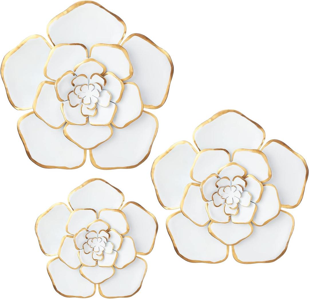 Chuangdi 3 Pieces Large Wall Metal Flowers Multiple Layer Home Decoration for Indoor Outdoor Home Garden Office Living Room Garden Porch Patio (White and Gold,Assorted Sizes)