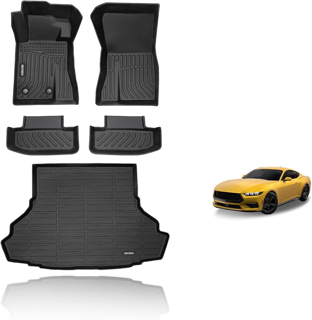 KELCSEECS Floor Mats & Cargo Liner Custom for Ford Mustang 2015-2024 (NOT for Mustang Mach-E,Cargo Liner with Subwoofer),All Weather Protection Anti-Slip TPE Liners Full Set Mustang Accessories Black (Mustang 15-25 SET)