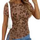 ZESICA Women's Summer Mesh Floral Short Sleeve Fitted Tops | Crewneck, Asymmetrical Hem, Ruched Waist, 2026 Fashion Going Out Tee Shirts, Casual Party Date Night Blouses, Y2K Clothes (Brown, S)