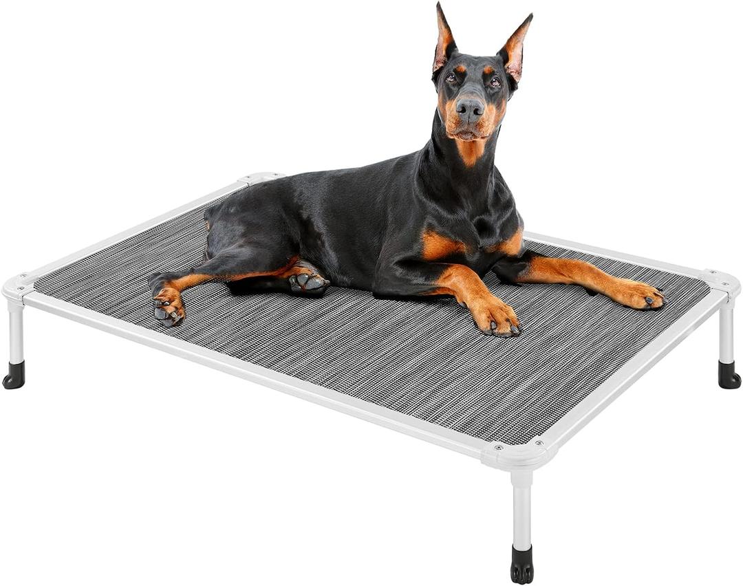 Veehoo Chew Proof Elevated Dog Bed - Cooling Raised Pet Cot - Silver Aluminum Frame and Durable Textilene Mesh Fabric, Unique Designed No-Slip Feet for Indoor or Outdoor Use, Black Silver, X Large,  49.0"L x 33.0"W x 9.0"Th 