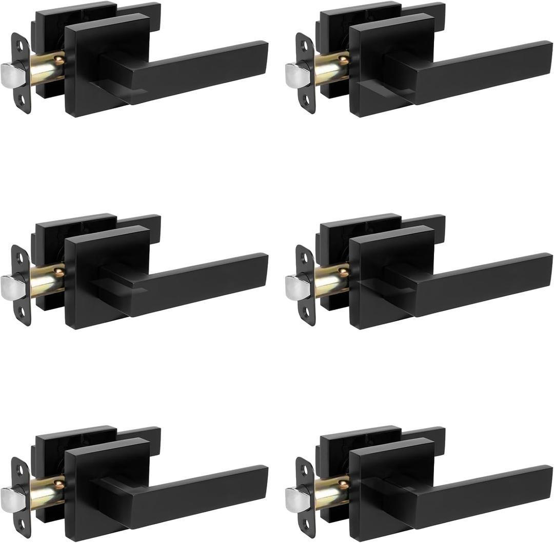 HOSOM Matte Black Door Handles Interior Passage Door Handle for Closet and Hallway Doors Square Non-Locking Door Lever Knob Lock Modern Reversible for Left or Right Handing, 6 Pack