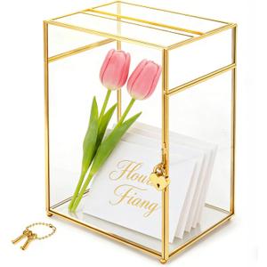 Youeon Glass Card Box with Slot & Lock, Gold Clear Wedding Card Holder, Decorative Gift Card Box for Reception, Birthday, Graduation, Bridal Shower, Party