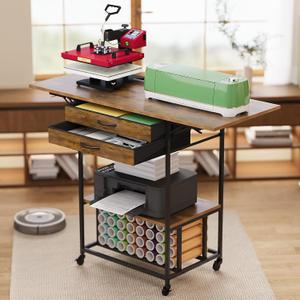 VENNQD Foldable Heat Press Table Stand, Movable Rolling Heat Transfer Machine Cart with 2 Storage Drawers Compatible with Cricut Vinyl Roll Holder DIY Crafting Table Workbench (Rustic Brown), 46.46 x 19.7 x 35.43 inches
