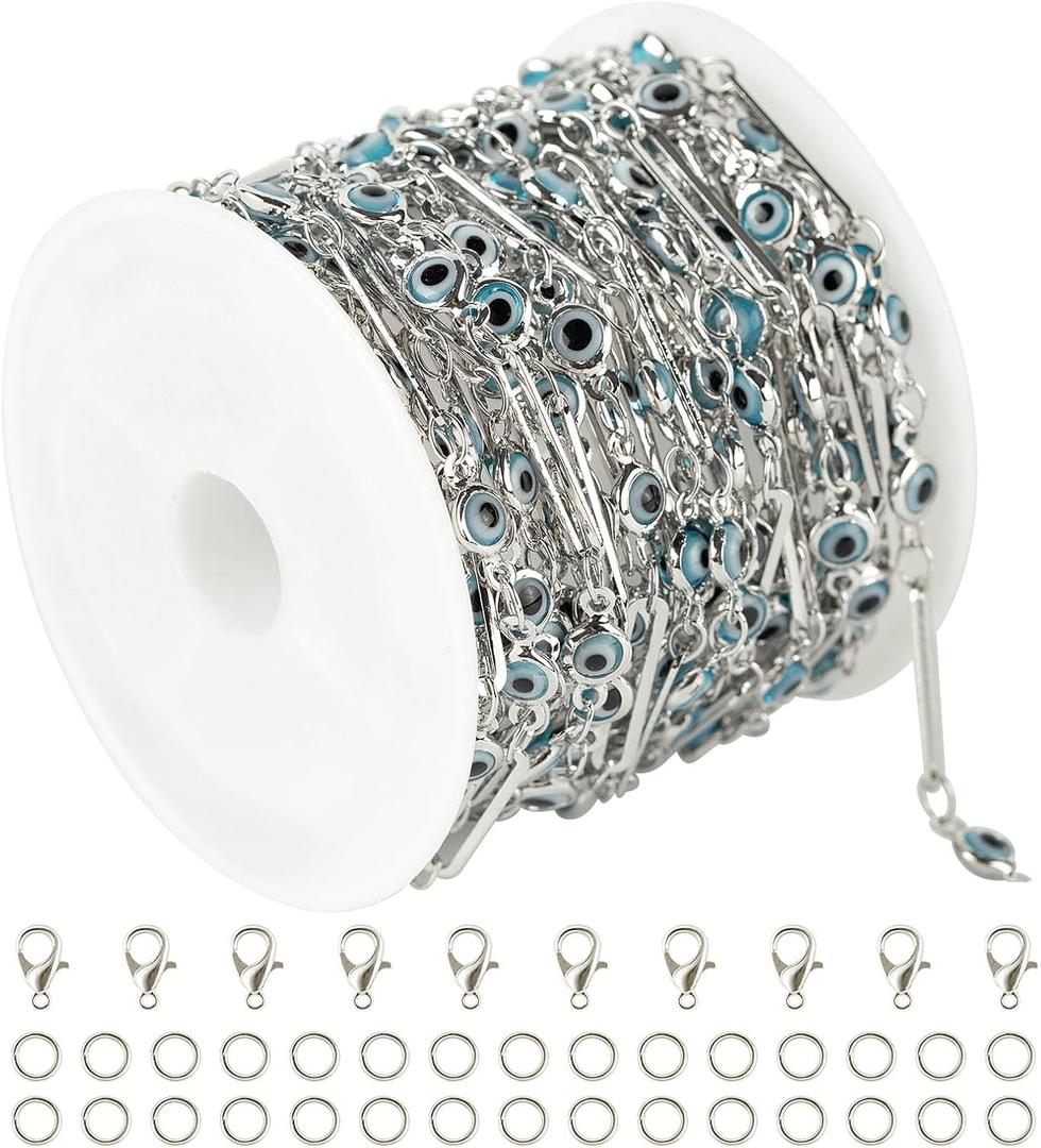 KYUNHOO 16.4 Feet Silver Chain for Necklace Women Thin Paperclip Jewelry Chain Bulk Blue Evil Eye Beaded Chains with Connector DIY Craft Bracelet Jewelry Making Supplies