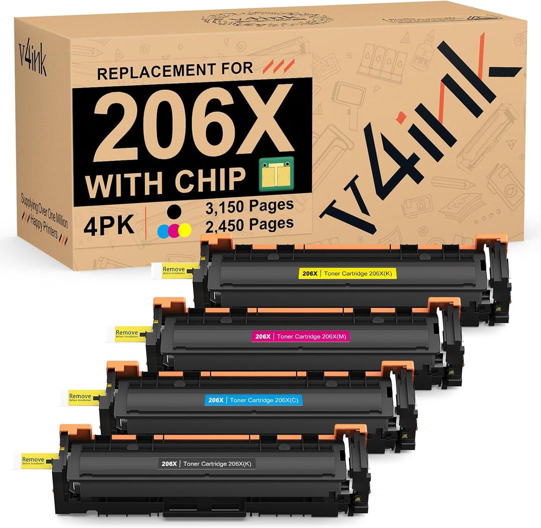 206X 206A Toner Cartridge 4 Pack High Yield (Latest Upgraded Chip) Compatible Replacement for HP 206X W2110X W2111X W2112X W2113X use with Color Pro M255dw MFP M283fdw M283cdw M282nw Pirnter