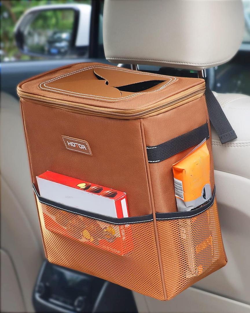 HOTOR Brown Car Trash Can with Adjustable Strap, Magnetic Snaps, Waterproof Lining, and Storage Pocket (2 Gallons)
