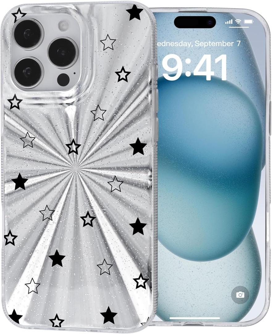Black Transparent Star for iPhone 15 Case, Aurora Refraction Shockproof Cover, Nano-Gradient Light Effect, 0.02 inch Slim TPU, Gliter/Bling/Anti-Yellowing Apple Phone Case for Women Girl Girly