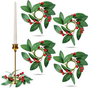4 Pcs 1.26'' Christmas Candle Ring Wreath Mini Berry Garland Artificial Candle Holder Rings for Christmas Table Centerpiece Home Party