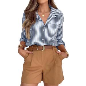 Siliteelon Button Down Dress Shirts for Women Striped Shirts Long Sleeve Casual Collared Office Work Shirt with Pocket Dark Blue and White, XS
