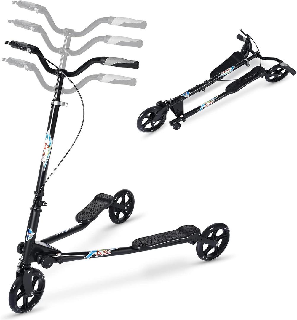 3 Wheel Foldable Scooter Swing Scooter Tri Slider Kick Wiggle Scooters Push Drifting with Adjustable Handle for Teen/Man/Woman Age 12+(Max. 220 lbs)