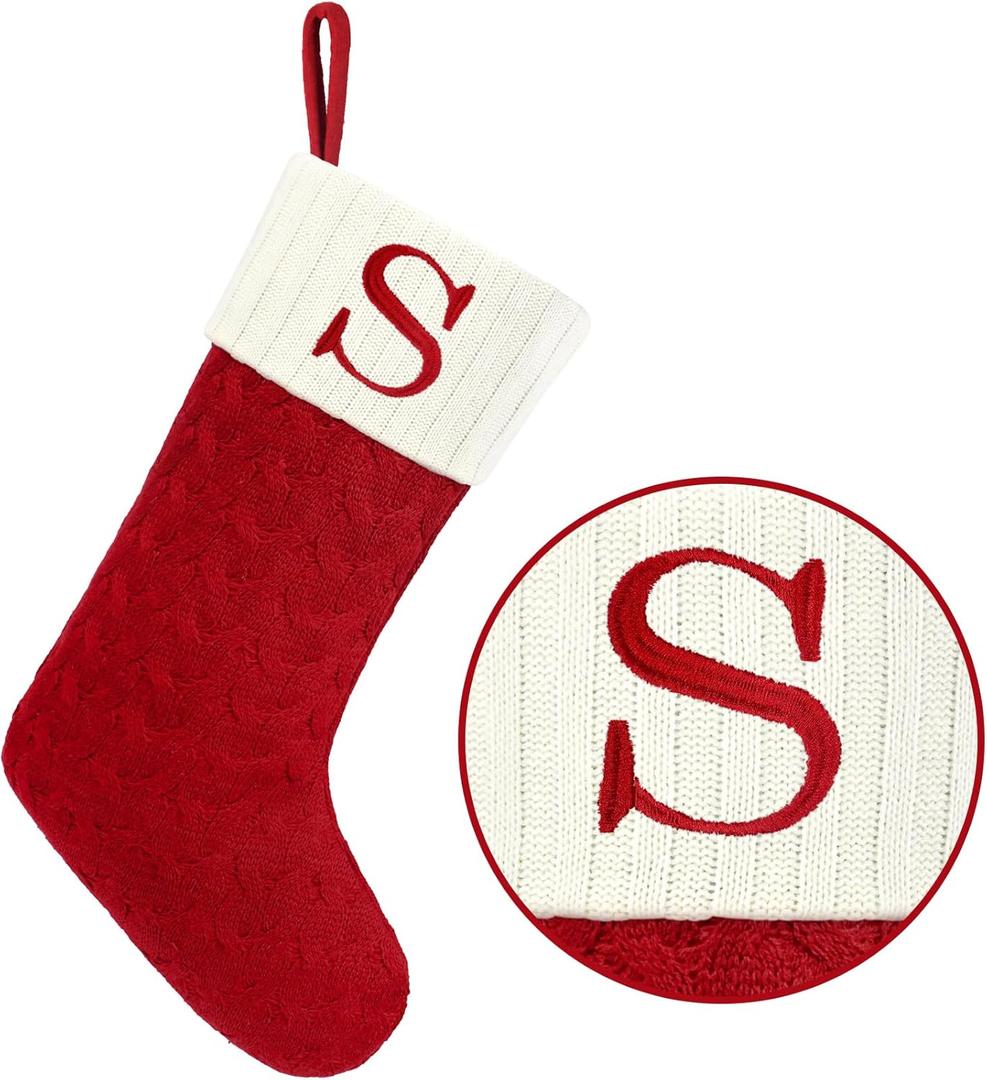 Christmas Stockings with Initials,20 Inches Large Knit Embroidered Letter Red White Christmas Stocking,Monogram Christmas Stocking for Famliy Holiday and Xmas Tree Fireplace (Letter S)