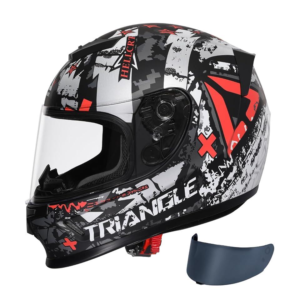 TRIANGLE Kids Motorcycle Helmets Youth Full Face Helmet DOT Approved | Dual Visors (Clear & Tinted) with Adjustable Chin Strap for Teens, Lightweight Youth Street Bike Sport Helmet, Gray White, Large