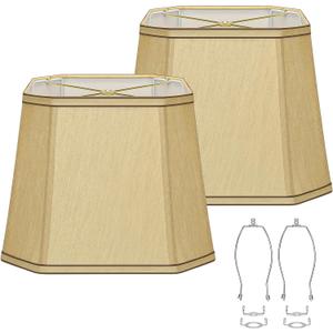 Rectangle Cut Corner Lamp Shades Set of 2, 10.5" x 10"x 13" Modern Medium Gold Lampshades with Brown Rim, Included 2 Pack Lamp Harps, Suitable for E26 Base and Saddle Base, Easy Assembly Required