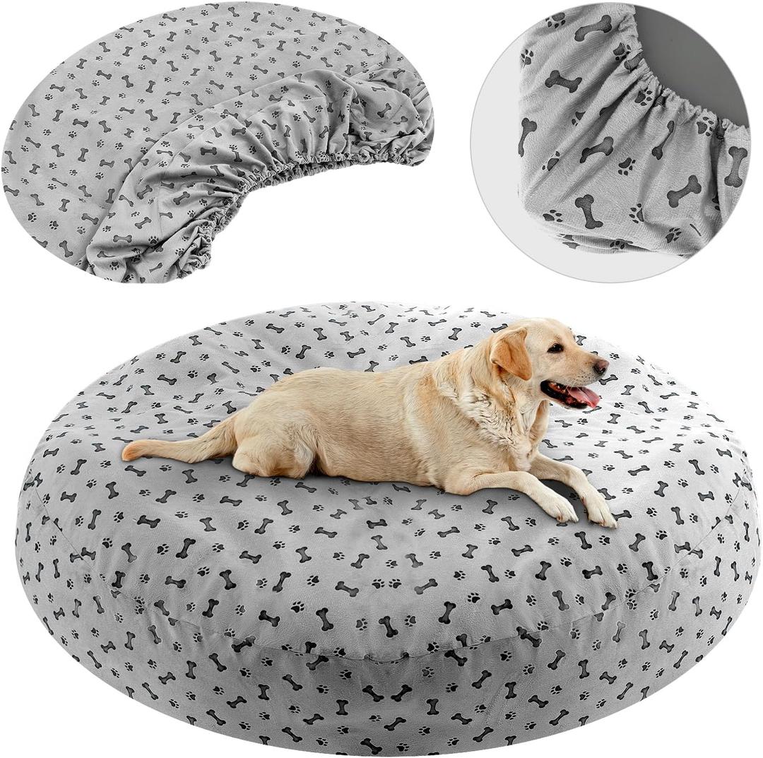 Dog Bed Covers Replacement 45 x 45 x 11 Inch Washable Round Soft Gray Pet Bed Cover with Dog Paw Bone Print, Cover Only