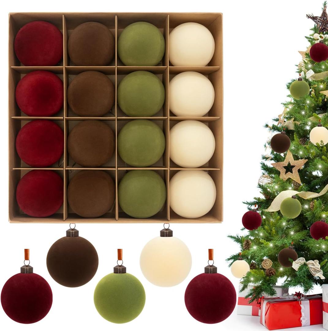 3.15" Velvet Christmas Ball Ornaments Set, 16 pcs Flocked Xmas Tree Decoration, Large Shatterproof Decorative Hanging Balls for Party Holiday Wreath Garland Home Dcor (Red Brown Green White)