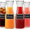 INSETLAN 1 Liter Ribbed Glass Carafe with Lid, Set of 4- Juice Carafe for Mimosa Bar, Brunch,Parties, Beverage Serveware,Cold Brew Coffee, Milk, Iced Tea, Lemonade -Includes 4 Wooden Chalkboards