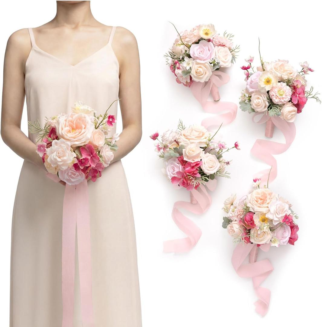 Ling's moment Artificial Bridesmaid Bouquets Set of 4,Blush Wedding Flower Bouquets Pink Floral Bouquet Bridal Bouquets with Ribbon,Ceremony,Anniversary,7-inch Diameter (Pk-cream)