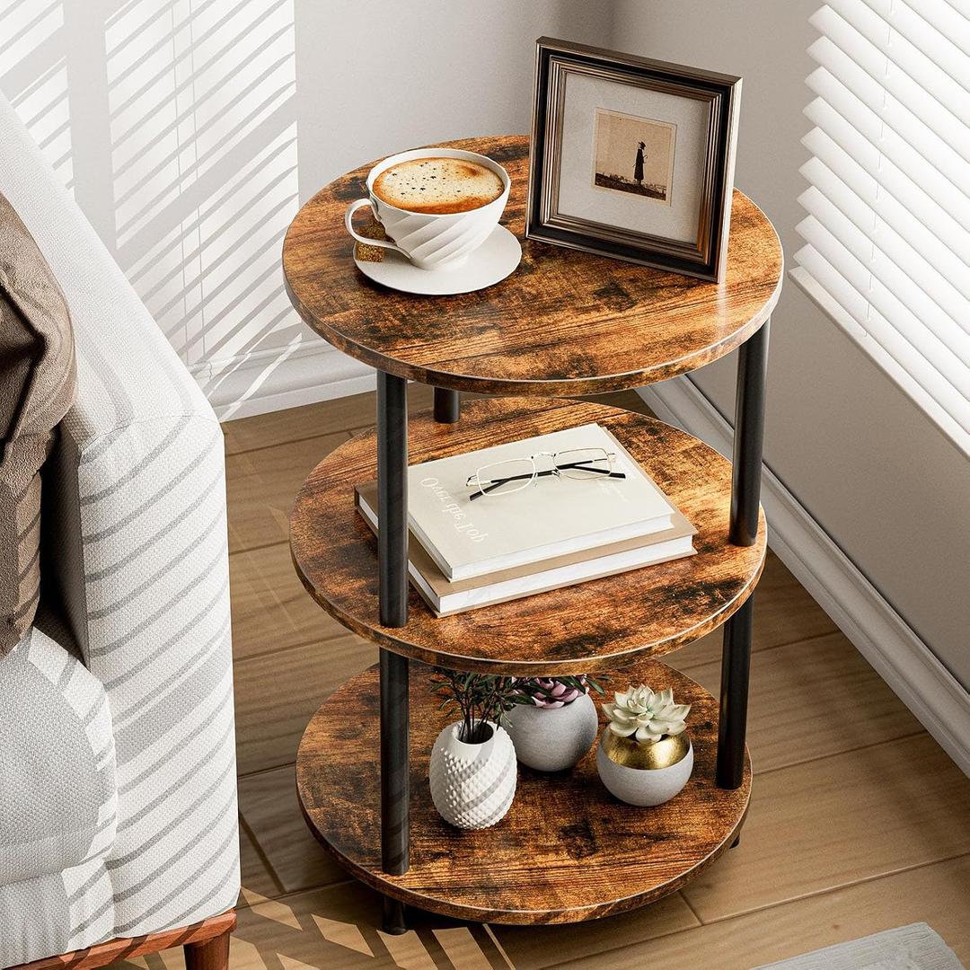 XBurmo Small Round Coffee Table - 3 Tier Design Accent Table, Narrow Side or Bedside Stand, Industrial Vintage Nightstand for Bedroom, Living Room, or Small Spaces, Rustic Brown