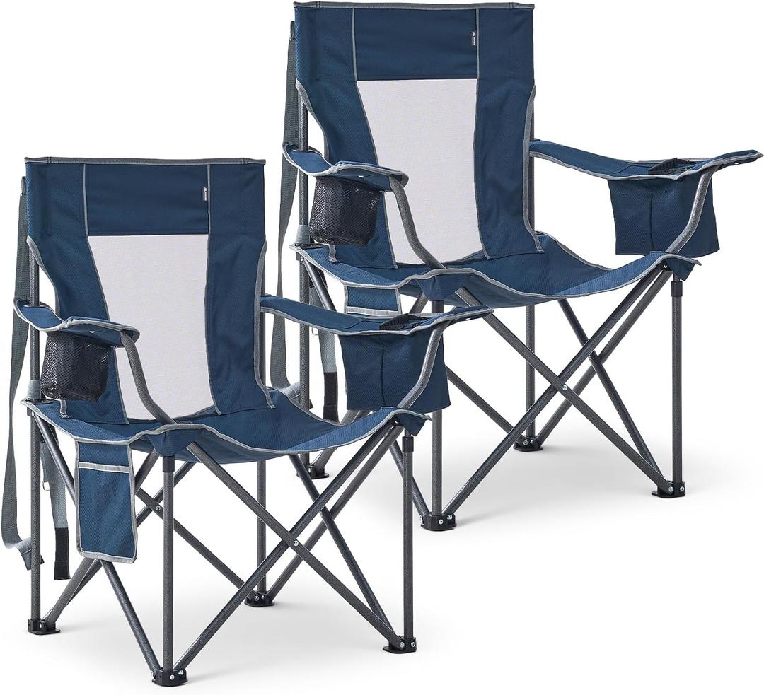 2 Pack Oversized Camping Chairs, Folding Outdoor Chair Support 400 Lb, Blue | Lightweight Lawn Chairs with Cup Holders, Side Pocket & Cooler Bag, Portable Camp Chair for Outside, Tailgating, Sports, Twin Pack