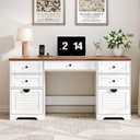 Ieejdn 59" Home Office Desks, Executive Desk, Farmhouse Computer Desk with 7 Drawers and Charging Station, File Drawer, Rustic Computer Writing Desk,Antique Cream