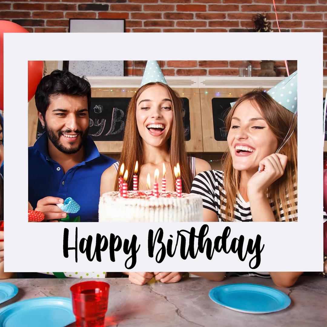 Beeveer 32 x 24 Inch Extra Large Happy Birthday Photo Booth Selfie Frame Props Picture DIY Cutouts Photo Backdrop Cardboard Props for Party Supplies Favors (Horizontal,White)