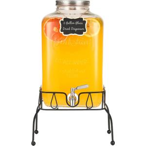 2 Gallon Glass Drink Dispenser with Stand and Stainless Steel Spigot, Mason Jar Drink Dispensers with Lids, Large Glass Water Beverage Dispenser for Lemonade, Iced Tea, Juice, Punch, Parties
