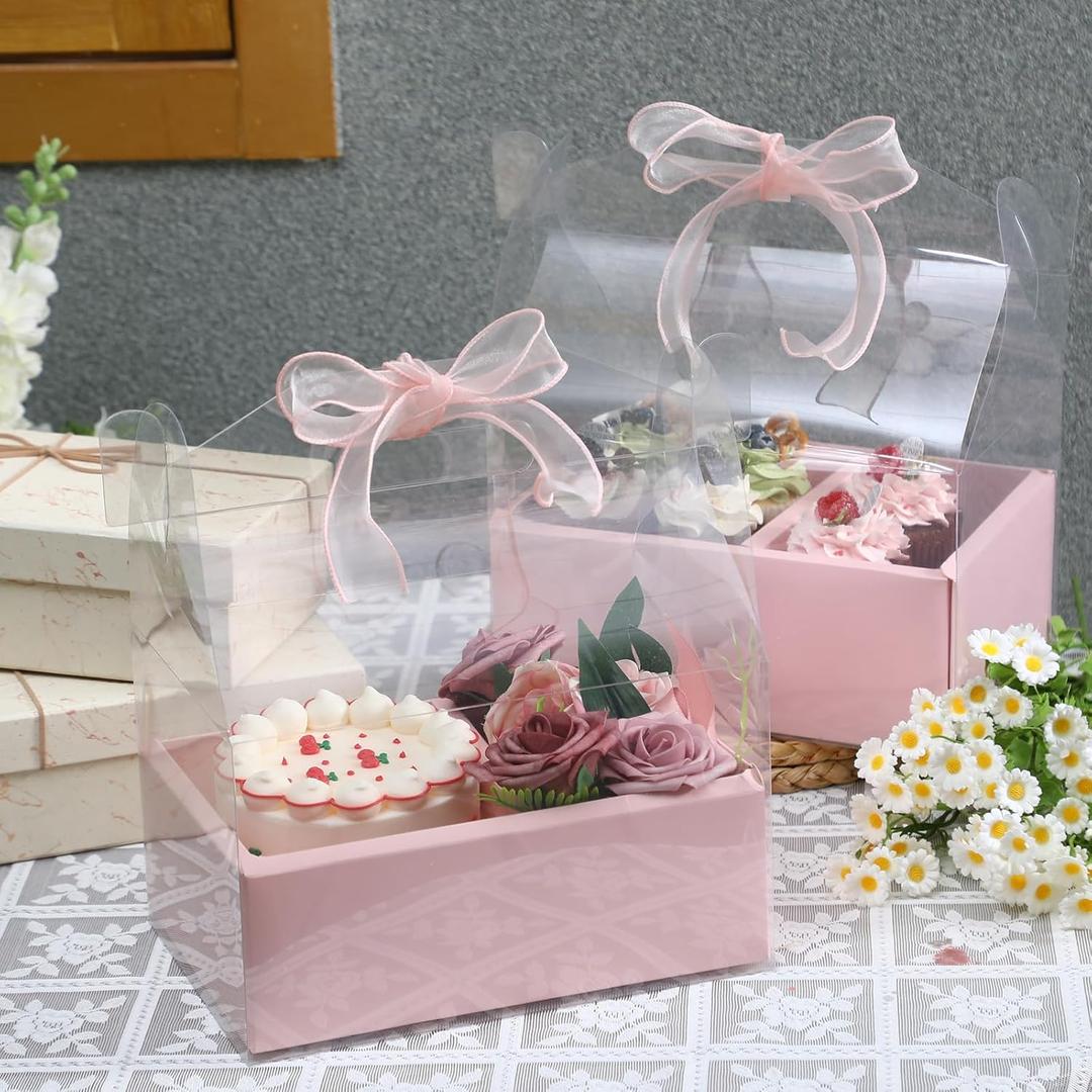 Honeydak 10 Pcs Mother's Day Cake and Flower Clear Boxes with Handle Ribbon Cajas Para Arreglos Florales Portable Transparent Gift Packaging for Wedding Birthday Party Supplies(Regular,4 Inch,Pink)