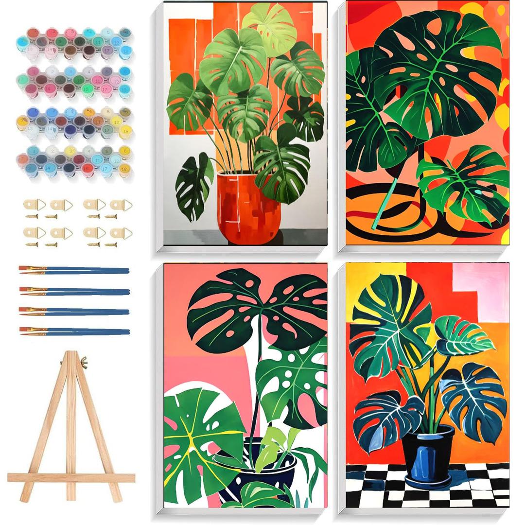 bleihum 4 Pack Paint by Numbers kit for Adults with Frame and Wooden Easel, Adult Paint by Number Kits Flower, DIY Acrylic Oil Painting by Number for Beginners Home Wall Decor Gift (8x12 inch)